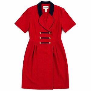 Vtg 90s Danny & Nicole Red Military Style Sheath Dress‎ Navy Collar Tuxedo Sz 12